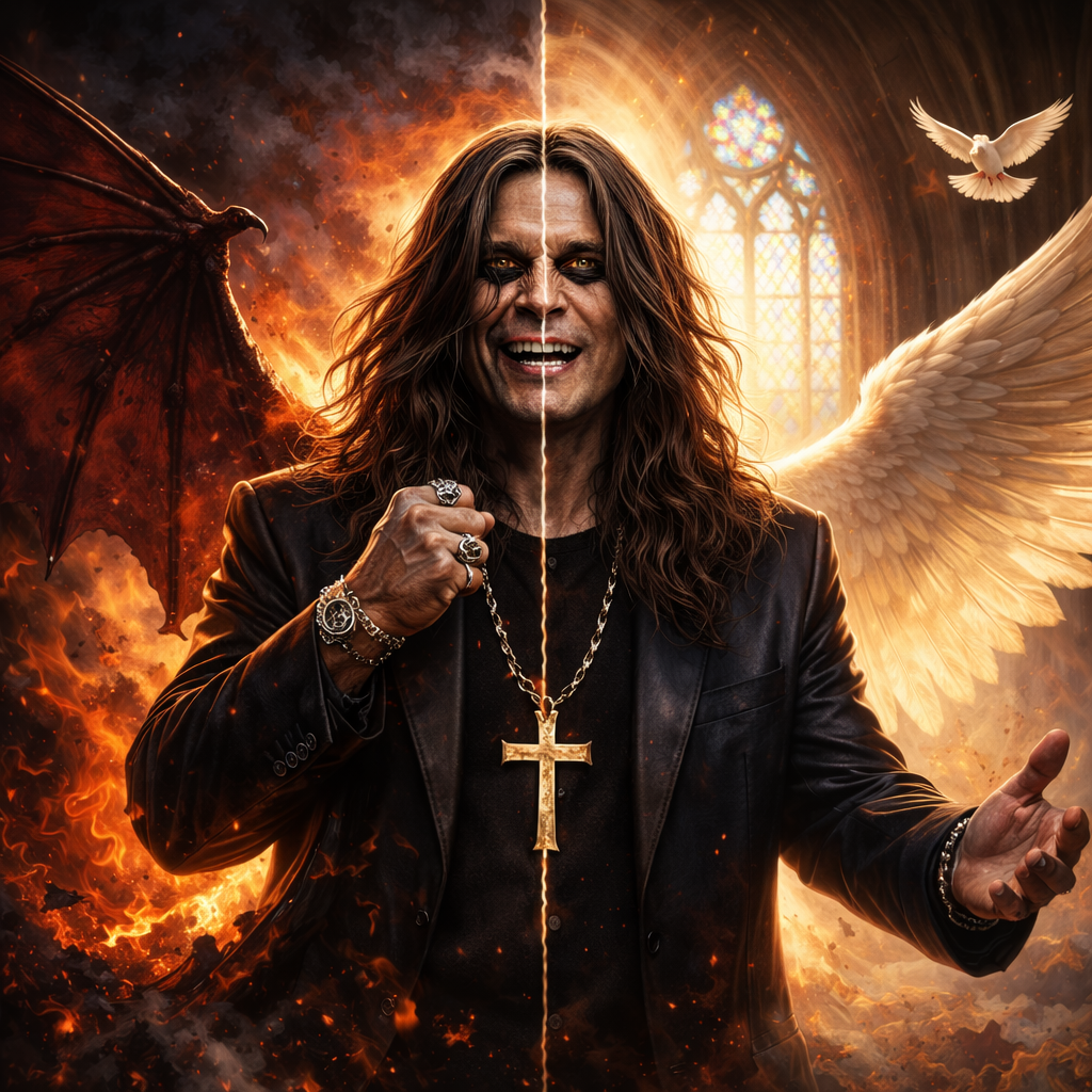 Editorial hero illustration that LITERALLY depicts the topic of an article titled "Ozzy Osbourne: Worldly Demon or Sa…