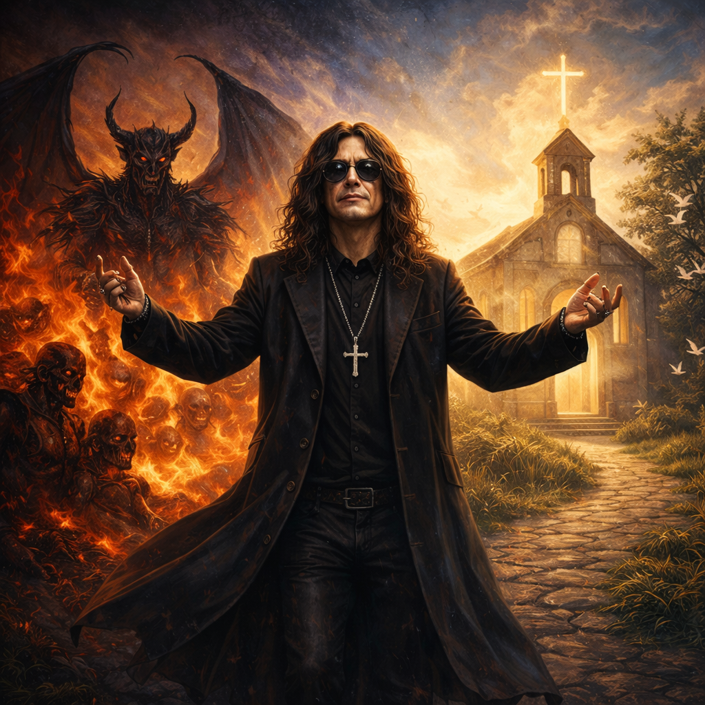 Editorial hero illustration that LITERALLY depicts the topic of an article titled "Ozzy Osbourne: Worldly Demon or Sa…